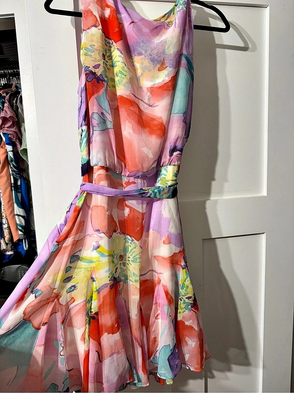 Lauren Ralph Lauren Multifloral Chiffon Belted Dress Pink & Purple Size 18